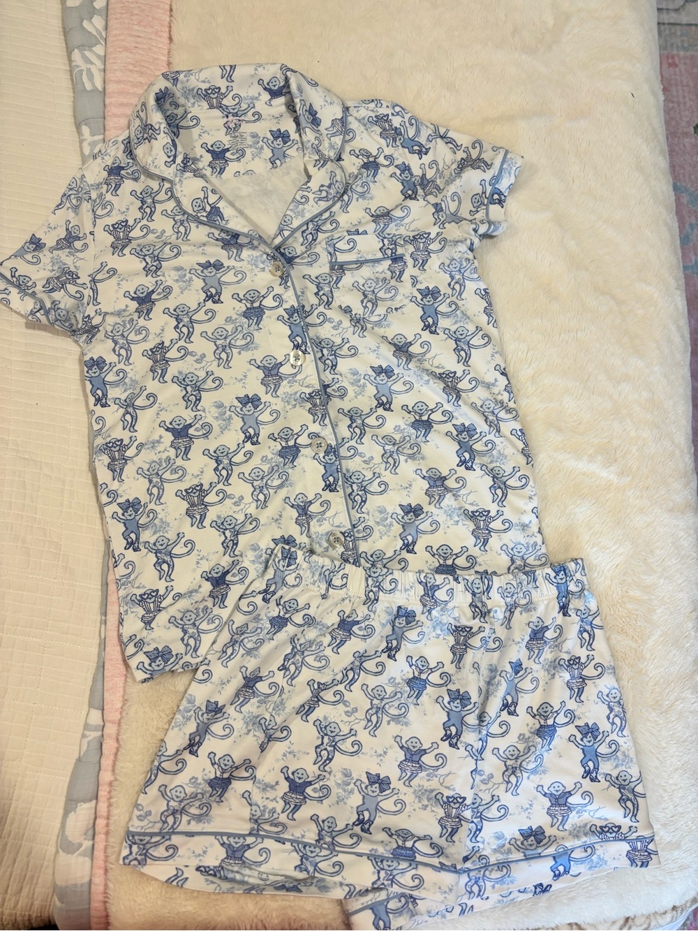 Roller Rabbit/ LoveShackFancy Blue and White Monkey Print Pajama Set